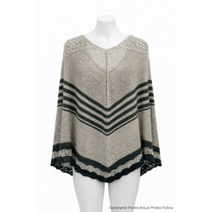 Boho Striped Crochet Poncho Sweater Knit Cozy Layering Top Vertigo Large